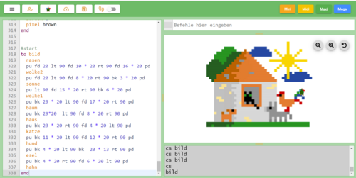Pixelgrafik Bauernhof mit Logo programmiert